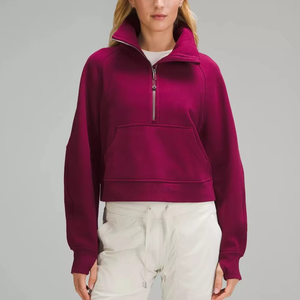 Pull court à manches longues pour femmes sweat-shirt décontracté veste polaire col montant demi-fermeture éclair poche kangourou imprimé pull d'hiver - Product Image 1