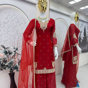 Designer traditionnel ethnique 3 pièces prêt à l'emploi Salwar Kameez Sharara broderie indienne travail fêtes d'été cousu Georgette - Product Image 1