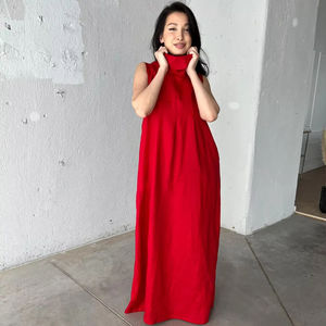 <b>Red</b> Long Linen Dress Sleeveless Maxi Dress Summer Linen Dress Kaftan with Pockets - Product Image 1