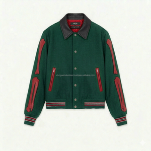 Chaqueta Varsity para Hombre al por Mayor con Diseño de Huesos de Esqueleto, Ribete de Cuero en Contraste, Abrigo de Moda Urbana, Chaquetas Letterman Varsity - Product Image 6