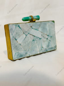 Amazonite Gemstone Panel <b>Clutch</b> with Natural Stone Handle Gold Tone Metal Frame Handcrafted Statement Bag for parties <b>weddings</b> - Product Image 3