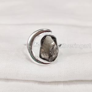 Anillo de Plata de Ley 925 con Cuarzo Ahumado Natural en Forma de Luna Creciente, Ajustable, para Mujer, Regalo de Navidad - Product Image 3