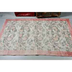 Tapis vintage 3,8x6,4 pieds, tapis turc en laine abstrait rouge et vert - Product Image 2