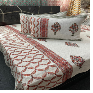 Bloc à la main sur mesure imprimé Texture de jute de qualité supérieure en taille 90X108 avec 2 taies d'oreiller avec bordure ethnique indienne - Product Image 1