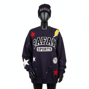 Sudadera Extra Grande para Mujer, Tejido de Felpa, Azul Marino con Diseños de Estrellas y Patchwork, Bordado con Logotipo Personalizado, Sudaderas Transpirables para Mujer - Product Image 6