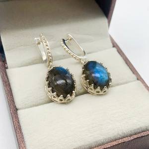 Labradorite Flashy Blue Fire Stone Vintage Design Dangle Drop <b>Huggie</b> Hook 925 Sterling <b>Silver</b> Earrings Wholesale Bulk - Product Image 3