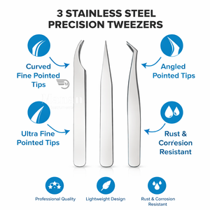 Juego de Pinzas para Extensión de Pestañas Plateadas Premium 3 en 1, Acero Inoxidable, Rectas, Curvas, de Volumen y Precisión, Herramientas para Pestañas OEM - Product Image 2