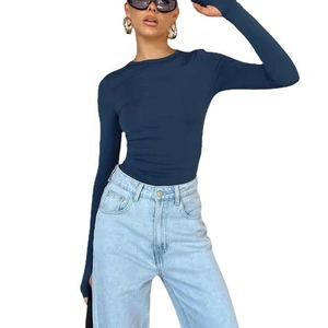 Autumn Fashion Polyester Spandex Crew Neck <b>Long</b> Sleeves Blank Tshirts Women Slim Fit Crop Top T-shirt - Product Image 5
