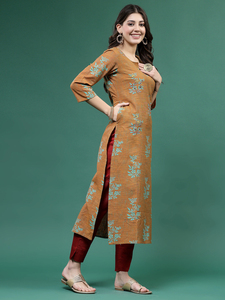 Costume Salwar Kameez pakistanais pour femmes, beige, en coton, avec travail de miroir, col en V, manches longues, coupe trapèze, nouveau style d'été, vêtements professionnels - Product Image 4