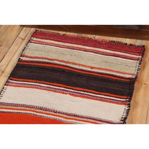 Vintage Turkish Kilim Rug 2.5x11 ft (76x335 cm), <b>Red</b> Striped <b>Wool</b> Rug - Product Image 5