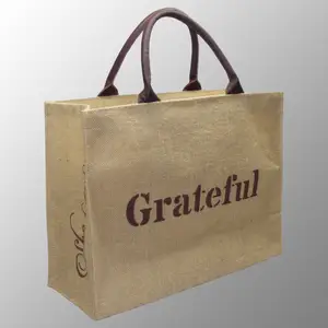 Sacos de juta natural com alças de couro Grateful Promoção impressa personalizada com bolso duplo dentro do botão magnético