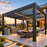 Pergola motorisée en aluminium à lames orientables, pavillon de cuisson extérieur avec éclairage LED au toit pour barbecue au bord de la piscine et patio