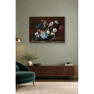 Impresión en lienzo de naturaleza muerta con hortensias azules y rosas en una cesta de Fida - Product Image 1