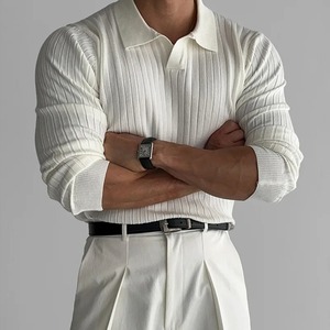2024 Spring <b>Mens</b> Clothing Retro Knit Lapel Striped Polo <b>Shirt</b> Solid Color <b>Long</b> <b>Sleeve</b> Fashion Light Luxury Popular Knitwear 3Xl - Product Image 2