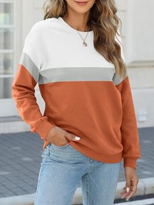 เสื้อสเวตเตอร์คอกลมแขนยาวแบบลำลองของผู้หญิงเสื้อสวมหัวเสื้อด้านหน้าระบายอากาศได้มีบล็อกสีพื้นการซักเทคนิค - Product Image 5