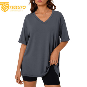 Camiseta básica de gran tamaño con logotipo estampado personalizado de peso pesado, camiseta de talla grande de alta calidad a la moda para mujer, Camiseta 100% de algodón con cuello en V - Product Image 3