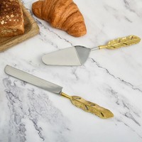 Ensemble de 2 pièces de service à gâteau et couteau en acier inoxydable doré avec poignée en forme de feuille Ensemble d'ustensiles de dessert élégants pour fête de mariage