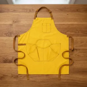 Yellow Heavy Duty Durable Reusable Canvas Bib <b>Apron</b> with Multiple Pockets for Cooking Daily Use - Product Image 1