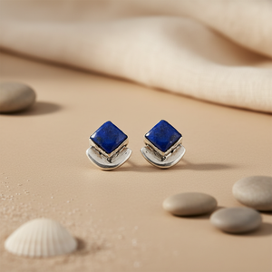 Boucles d'oreilles clous tendance vintage en argent 925, lapis-lazuli, zircon, perle, plaqué rhodium, design géométrique, pour femme, usage quotidien et soirées - Product Image 2