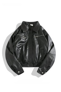 Veste en cuir PU de course de moto pour hommes automne hiver Hong Kong Style High Street Long Sleeve Loose Hip Hop Short Zipper Coat - Product Image 5