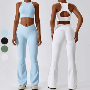 Top corto de gimnasio con logotipo personalizado para mujer y pantalones de chándal de pierna ancha, conjunto de Yoga de dos piezas acampanado con corte en V y espalda hueca de talla grande - Product Image 1