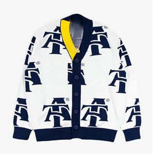 Cárdigan personalizado NC A & T Aggies HBCU para hombre blanco y azul marino con cierre de botón - Product Image 1