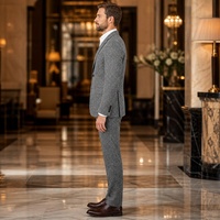 Costume homme gris à chevrons, simple boutonnage, revers large, poches à rabat, boutons en corne, costumes d'affaires pour homme, sur mesure MTM
