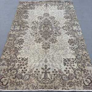 Vintage 5.7x9 ft Turkish <b>Wool</b> Rug Eco-Friendly Patchwork Design with <b>Brown</b> Plants & Trees Latex Backing - Product Image 1