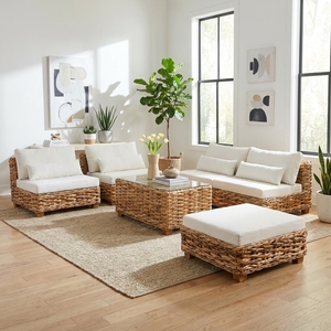 Handcrafted rattan sofa set natural wicker outdoor indoor patio sectional sofa modular couch coffee table stool cushion unit - Product Image 5