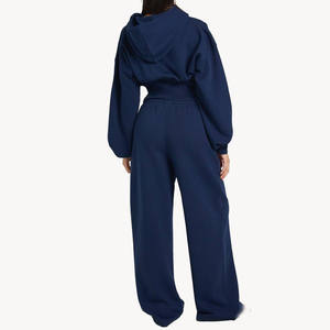 Women Navy Zipper Hoodie & Relaxed Fit Fleece Pants <b>Set</b> Elastic Waist Casual <b>Loungewear</b> OEM ODM Bulk Manufacturing - Product Image 2