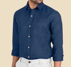 Camisa de Lino Azul Rey para Hombre, Estilo Casual de Verano 2024, Manga Larga, Cuello Clásico, Tinte Liso, Antiencogimiento, Secado Rápido, Ecológica - Product Image 1
