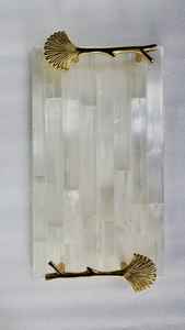 Plateau de décoration en pierre de sélénite écologique, rectangulaire, bois, marbre, plastique, acier et acier inoxydable, plateau de service pour la maison - Product Image 6