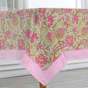 Indian Floral Handmade Block Printed Cotton <b>Tablecloth</b> Pistachio Green and Watermelon Pink Rectangular for Wedding or Dining - Product Image 1
