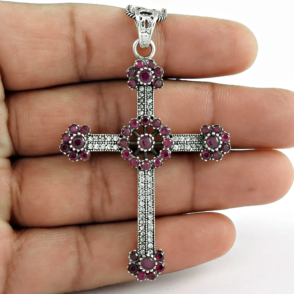 Produttore Charms croce ciondolo rubino, pietra preziosa bianca CZ collana in argento Sterling 925 gioielli regalo donna