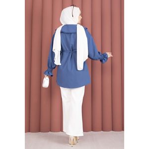 Túnica Indigo para Mujer con Cuello Bordado Floral, Cintura Ajustable con Cordón, Formal, de Popelina, Gasa y Tejido de Punto, Talla XL, Corte Holgado, Largo - Product Image 5