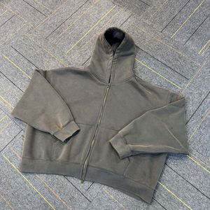 Boxy Fit Custom Acid Washed Hoodies 350Gram Heavy Weight Oversized Men's Cropped Distressed Zip up Puff Print Hoodies - Product Image 4