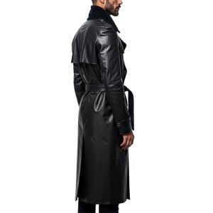 Men's Black Cowhide <b>Leather</b> Winter Trench <b>Coat</b> <b>with</b> Faux <b>Fur</b> Collar Quick Dry Moto & Biker Style - Product Image 2