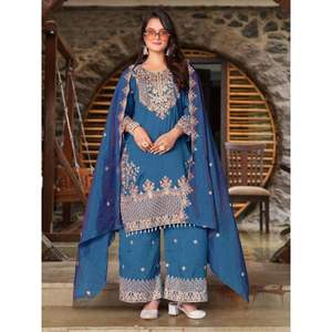 Elegante Vichitra bordado Salwar Kameez a juego Plazzo bordado Dupatta para fiesta moda étnica que absorbe la humedad - Product Image 2
