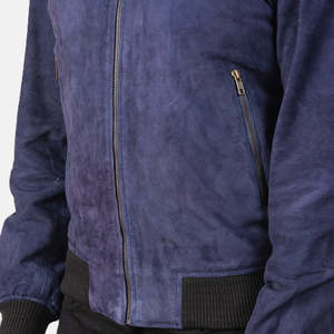 Shane Genuine Sheep Skin Blue <b>Suede</b> Bomber <b>Jacket</b> XS Reversible Zippered Water Proof Casual Aviator Biker Vintage for Autumn - Product Image 6