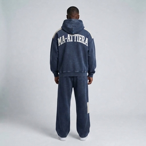 Conjunto de chándal de dos piezas para hombre, estilo streetwear, con sudadera con capucha azul marino extragrande con cremallera y pantalones deportivos holgados. - Product Image 2