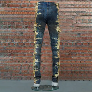 Calças jeans masculinas roupas de rua com vários bolsos empilhados produtos para homens jeans justos para homens