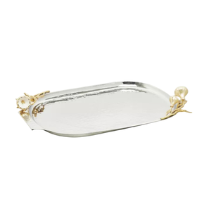 Premium Hammered Stainless Steel Snacks Serving Tray with Gold Leaf Handles Solid Polished Finish for <b>Catering</b> Factory Price - Product Image 1