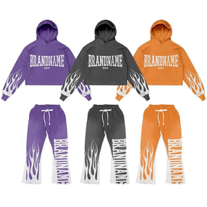 Oferta de Invierno: Sudadera con Capucha Unisex Vintage y Pantalones Acampanados de Cintura Elástica con Diseño Personalizado de Llamas y Letras Bordadas, Corte Holgado - Product Image 1