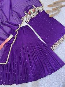 Heavy Designer Party Wear Faux Georgette Sequence & Embroidery With Rivet Moti Work Top and Sharara and Lace Border Dupatta - Product Image 4