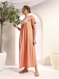 Camisón de Encaje 100% Algodón para Mujer, Manga Media, Largo Completo, Tejido Transpirable, Cuello Sólido, Elegante, Primavera, Otoño, Verano - Product Image 3