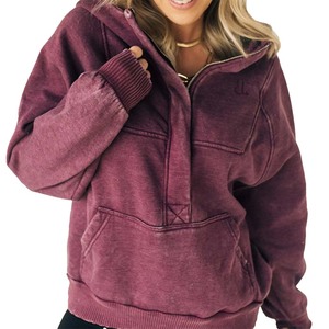 2026 personnalisé acide sweat à capuche zippé pour les femmes solide Vintage Look surdimensionné Polyester coton décontracté hiver écologique - Product Image 5