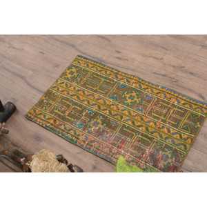 Alfombra Vintage, Alfombra Turca Pequeña de 1.7x3 pies, Alfombra con Bordes Verdes y Azules - Product Image 5