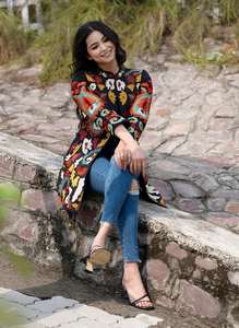 Veste d'hiver bohème longue à manches longues pour femme noir teint brodé 100% coton avec méthode de tissage non tissé - Product Image 4