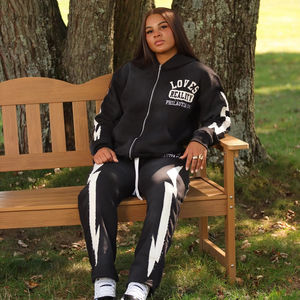 Conjunto de Sudadera con capucha Vintage lavado ácido de alta calidad para mujer, pantalones de chándal acampanados con cremallera bordada personalizada, Invierno transpirable - Product Image 1