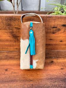 Neceser de piel de vaca con borla turquesa para mujer, bolso de cosméticos de cuero genuino occidental para almacenamiento de maquillaje - Product Image 3